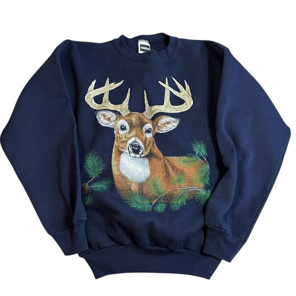 Vintage Other - Vtg 90s Navy Blue Pullover Crew Sweatshirt Deer Buck Head Mens Size XL Nature
